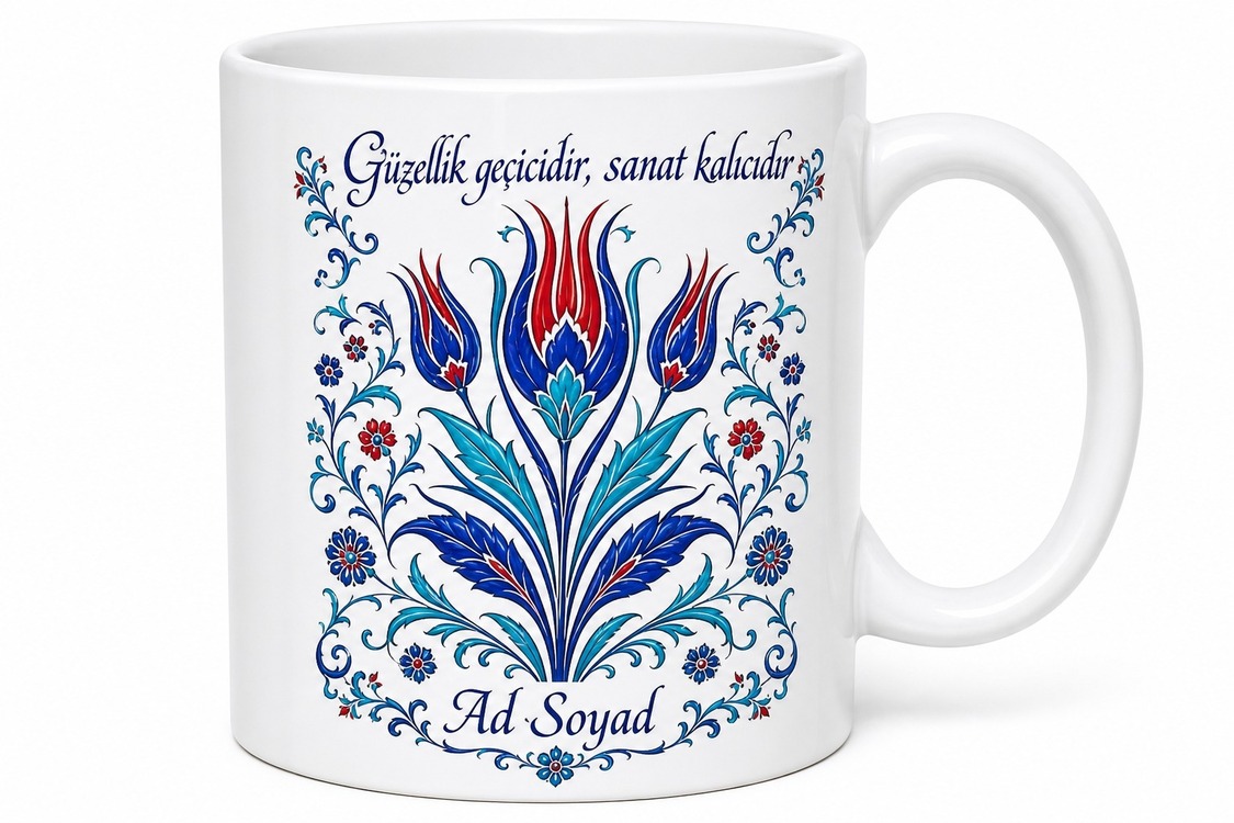 Geleneksel Lale Motifli Çini Desenli Porselen Kupa Bardak Özel Tasarım Hediye