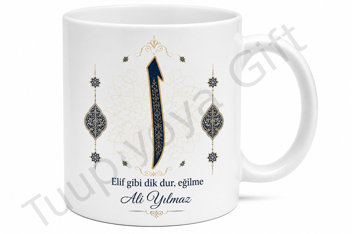 Elif Harfi Temalı Baskılı Kupa Bardak Hediye Özel Tasarım Porselen Mug