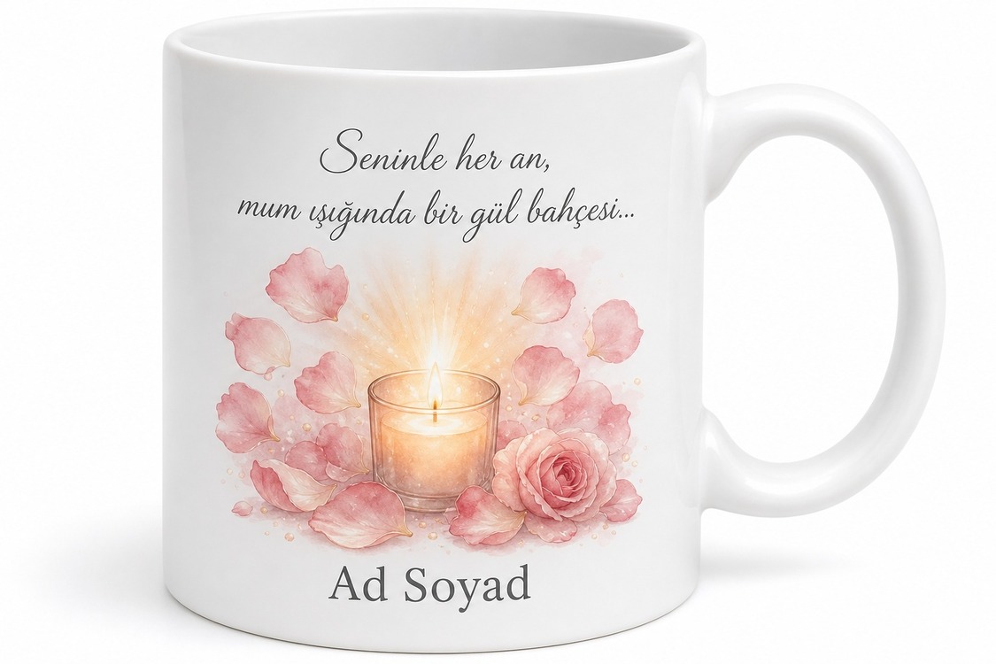 Romantik Mum Işığı Gül Yaprağı Pastel Pembe Kupa Bardak Sevgiliye Hediye