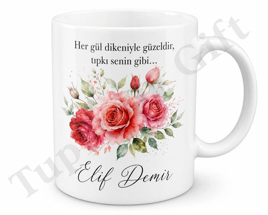 Gül Desenli Baskılı Kupa Bardak Hediye Özel Tasarım Porselen Mug