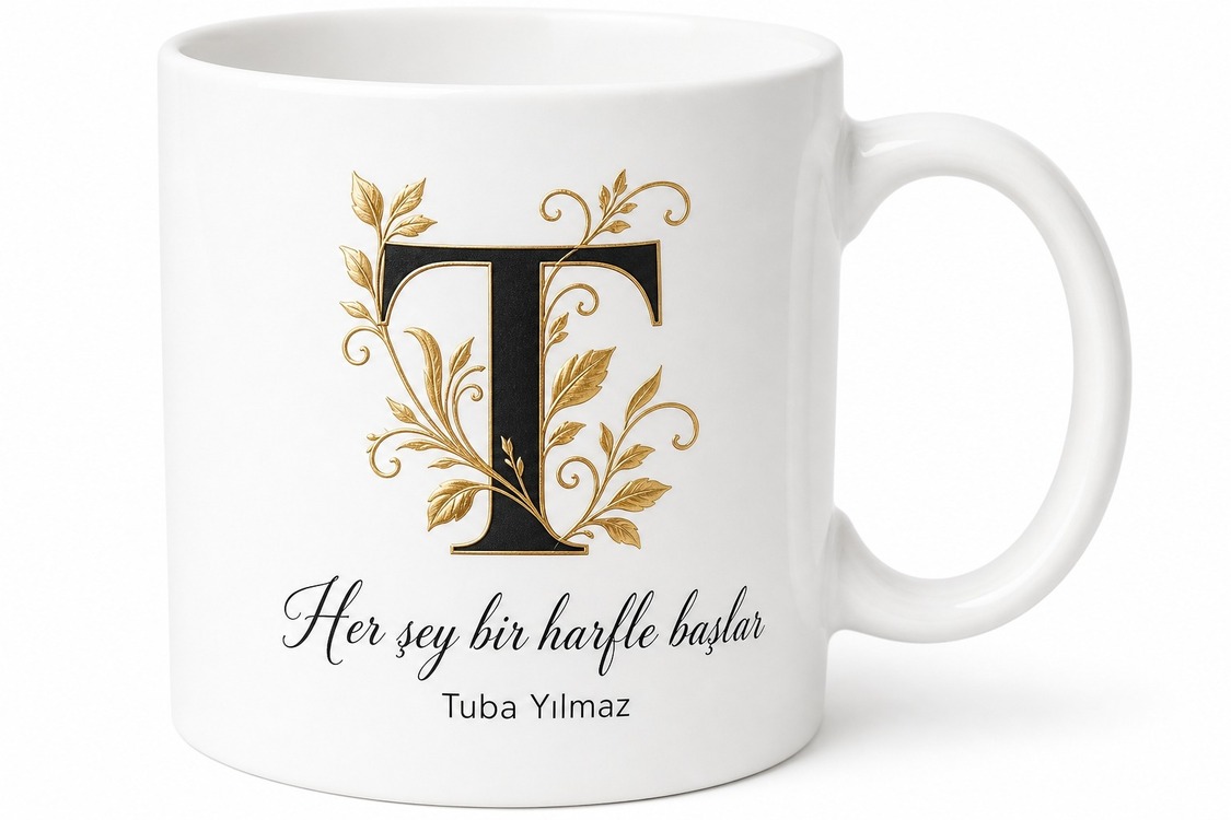 T Harfi Baskılı Kişiye Özel Kupa Bardak Harf Desenli Hediye