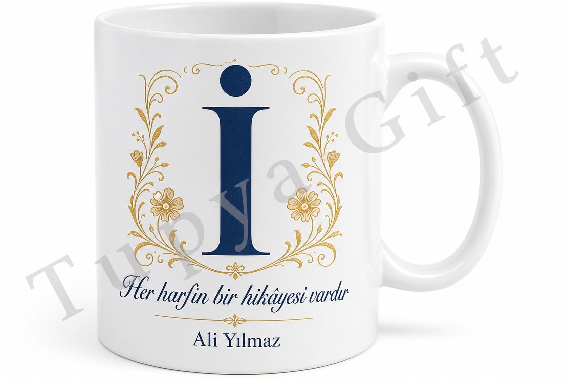 İ Harfi Baskılı Kişiye Özel Kupa Bardak Harf Desenli Hediye