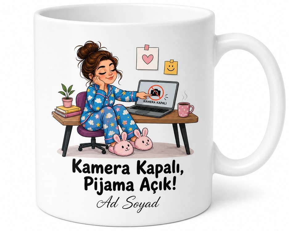 Evden Çalışırken Kameraları Kapatan Pijamalı Çalışan Kupası Hediye Bardak