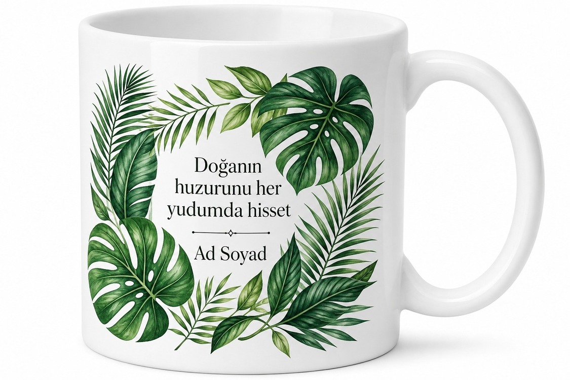 Tropikal Yapraklı Tasarım Baskılı Kupa Bardak Hediyelik Porselen Mug
