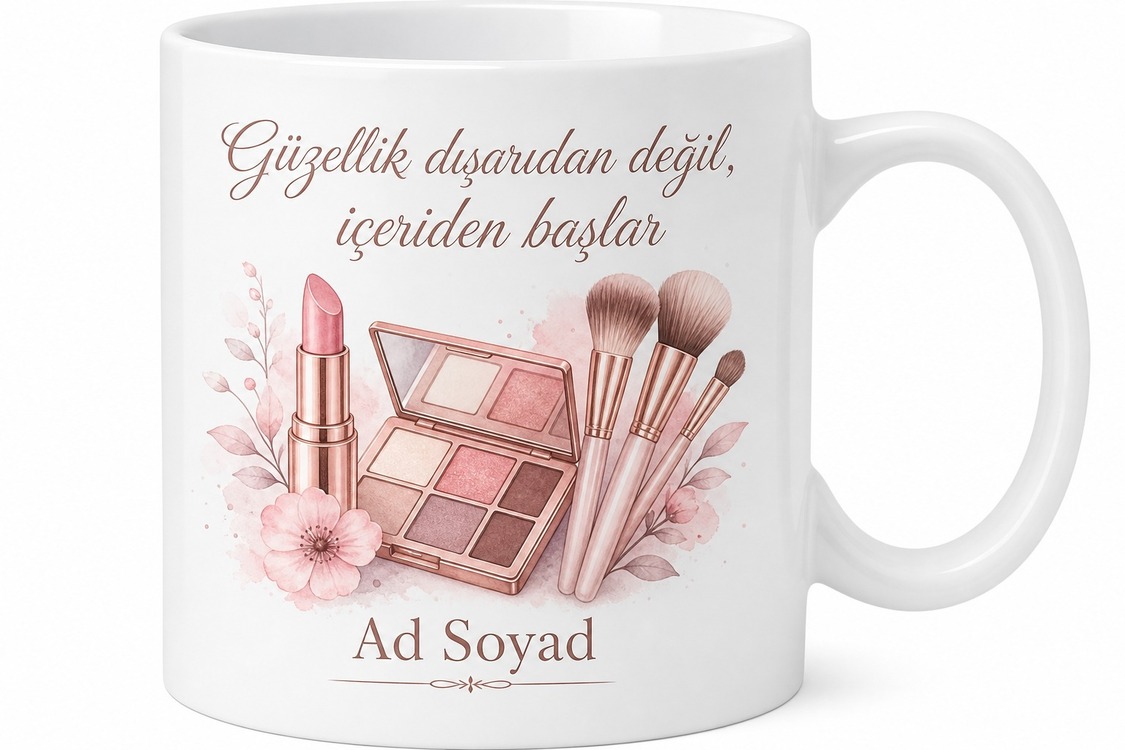 Kişiye Özel İsimli Makyaj Uzmanı Tasarımlı Güzellik Temalı Kupa Bardak Hediye