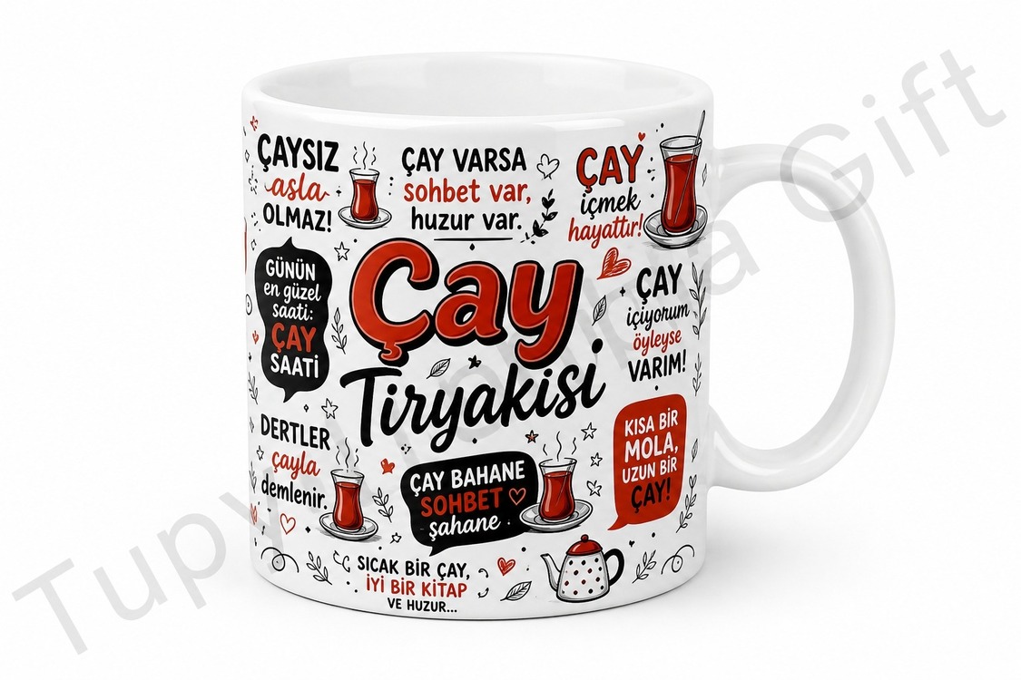 Çay Tiryakisine Hediye Esprili Yazılı Baskılı Seramik Kupa Bardak Hediye