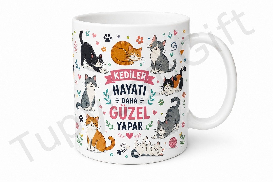 Kedili Tasarım Baskılı Kupa Bardak Kedi Severler İçin Hediye Porselen Mug