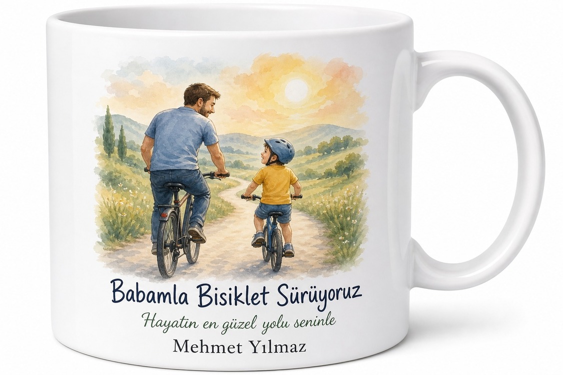 Babamla Bisiklet Sürüyoruz Yazılı Kupa Bardak Babalar Günü Hediye