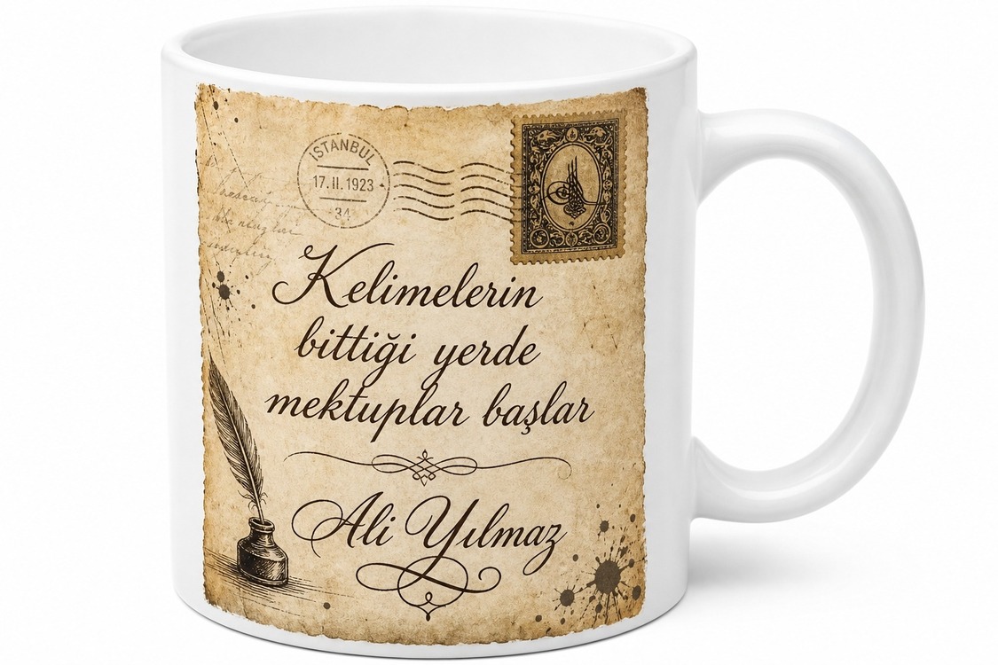 Eski Dönem Mektup Temalı Vintage İsimli Seramik Kupa Bardak Hediye