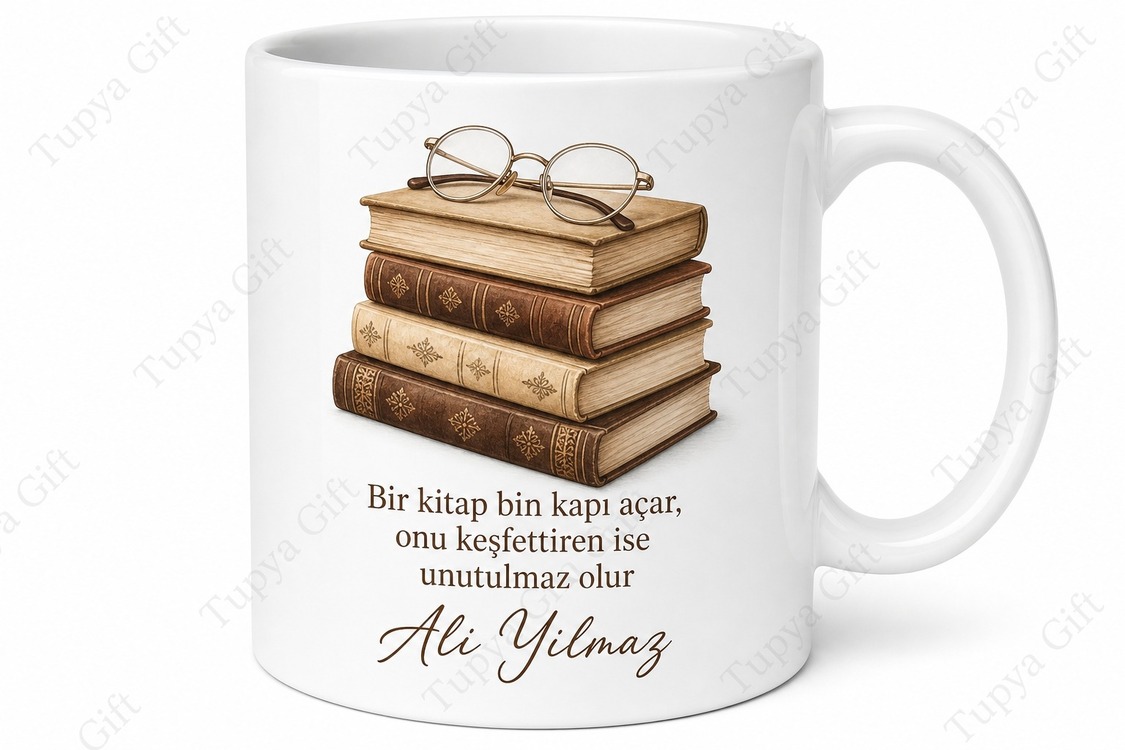 Kütüphaneciye Hediye Kişiye Özel Baskılı Kupa Bardak Kitap Temalı