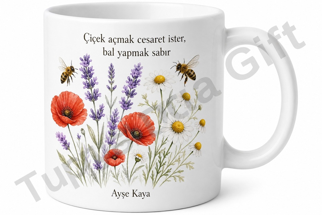 Çiçek ve Arı Temalı Baskılı Kupa Bardak Doğa Sevgisi Hediye