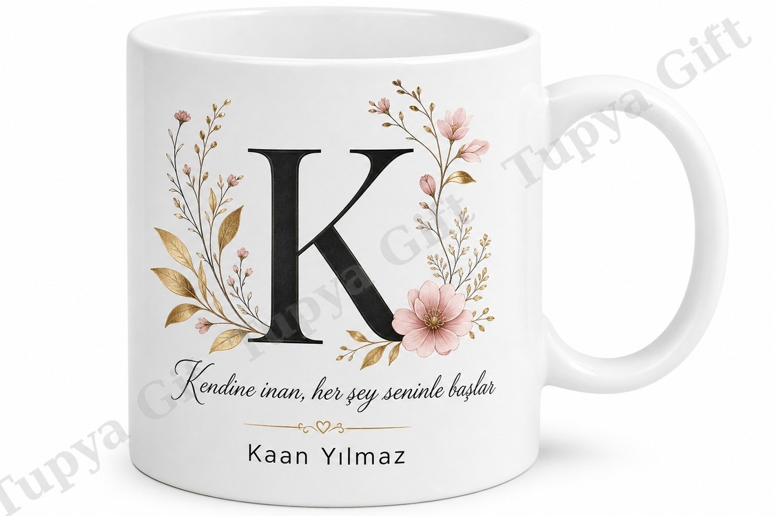 K Harfi Baskılı Kişiye Özel Kupa Bardak Harf Desenli Hediye