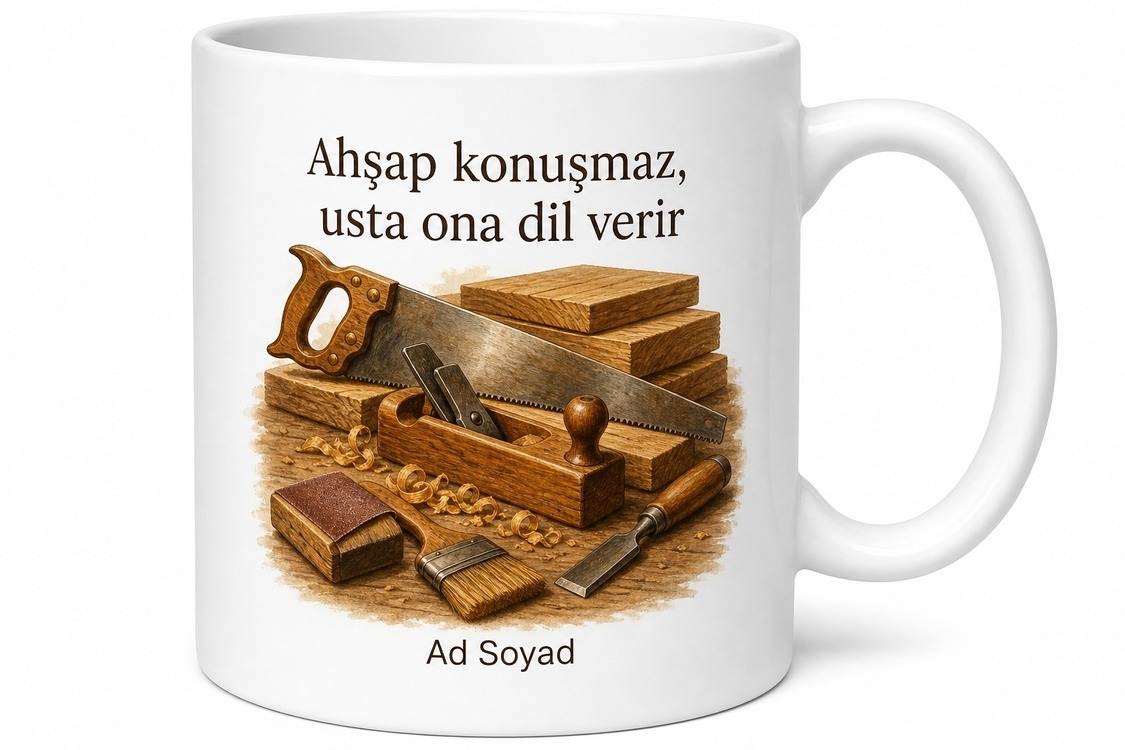 Marangoza Hediye Ahşap Kesim Marangoz Atölyesi Temalı Özel Tasarım Baskılı Porselen Kupa Bardak