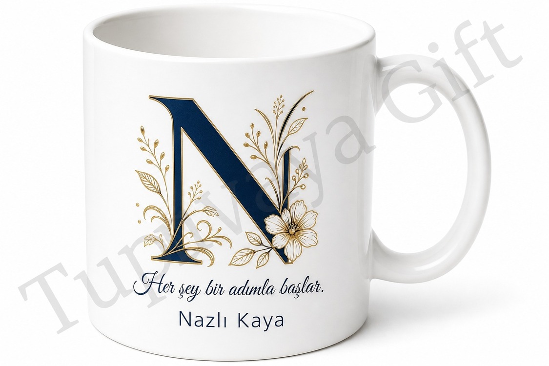N Harfi Baskılı Kişiye Özel Kupa Bardak Harf Desenli Hediye