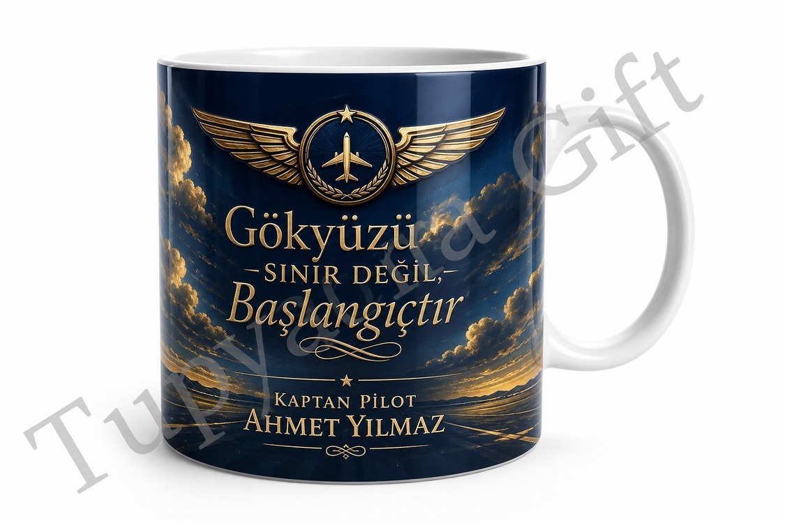 Kaptan Pilota Hediye İsimli Baskılı Kupa Bardak Pilot Özel Tasarım Hediye