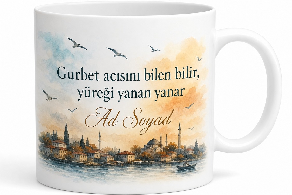 Gurbetçiye Hediye İsimli Gurbet Acısı Yazılı Özel Baskılı Porselen Kupa Bardak