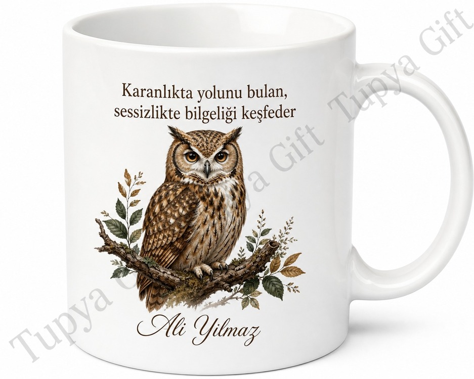 Baykuş Temalı Baskılı Kupa Bardak Hediye Özel Tasarım Porselen Mug