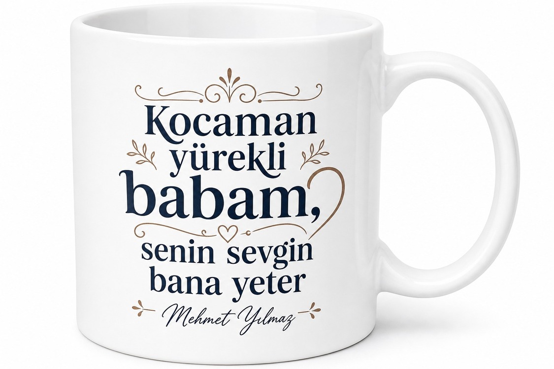 Kocaman Yürekli Baba Yazılı Kupa Bardak Babalar Günü Hediyesi Özel Tasarım