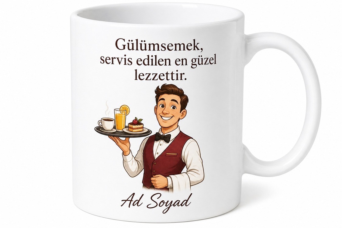 Garson Tepsi Taşıyan Güler Yüzlü Hizmet Temalı Baskılı Kupa Bardak Hediye