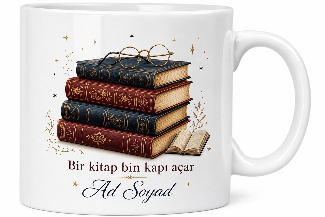 Kitap ve Gözlük Temalı Baskılı Kupa Bardak Hediye Kitapsever Porselen Mug