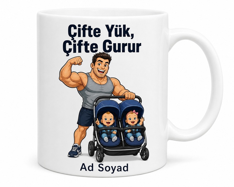İkiz Bebek Arabası Süren Kaslı Babaya Çifte Yük Kupası Hediye Bardak