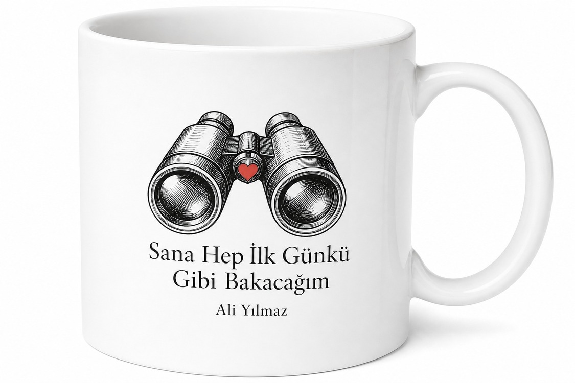 Sana Hep İlk Günkü Gibi Bakacağım Dürbün Kalp Çizimli Sadık Gözlemci Kupa Bardak Hediye