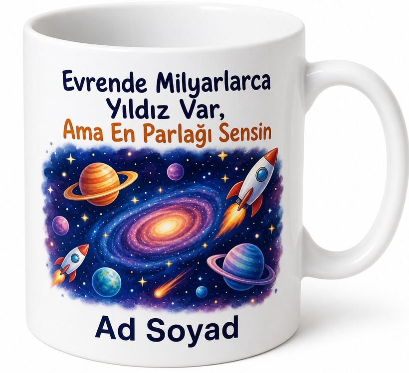 Çocuğa Hediye İsimli Uzay Temalı Özel Baskılı Porselen Kupa Bardak