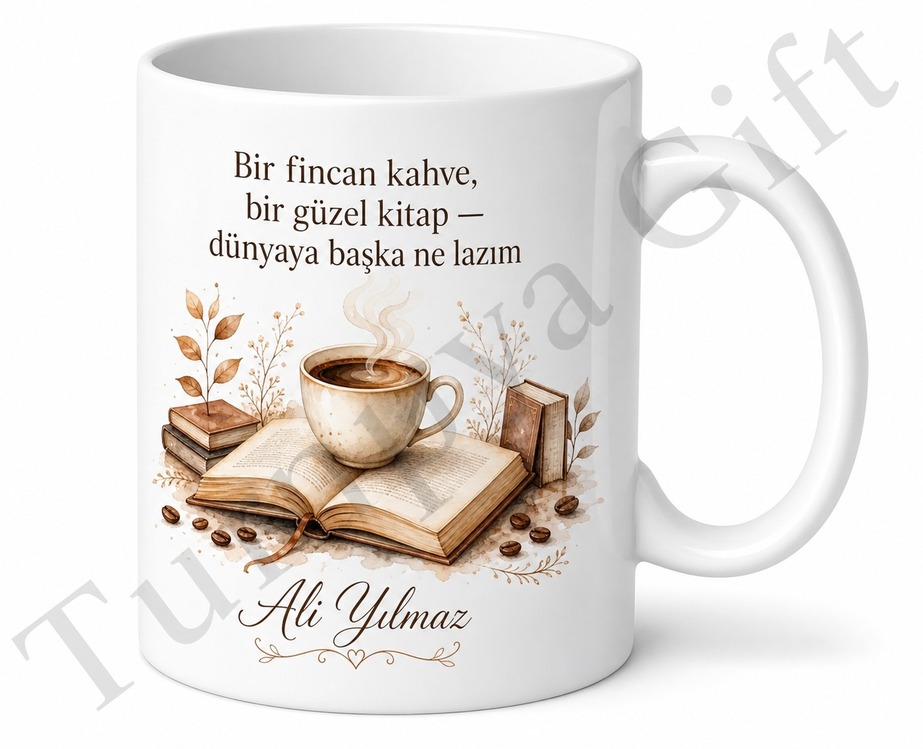 Kitap ve Kahve Temalı Baskılı Kupa Bardak Hediye Okuyuculara Özel Tasarım