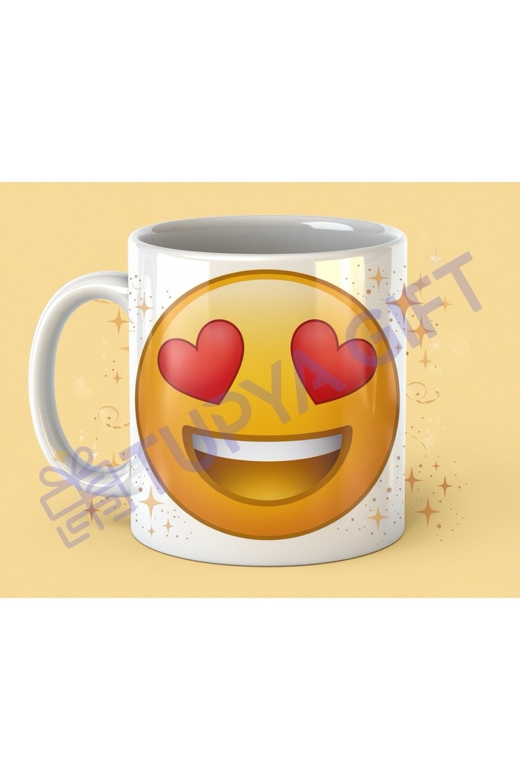 Kalp Gözlü Emoji Temalı Kupa – Sevgiyle Gülümseyin