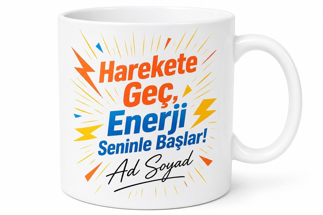 İsme Özel Enerjik Yazılı Baskılı Kupa Bardak Hediye Özel Tasarım Porselen Mug