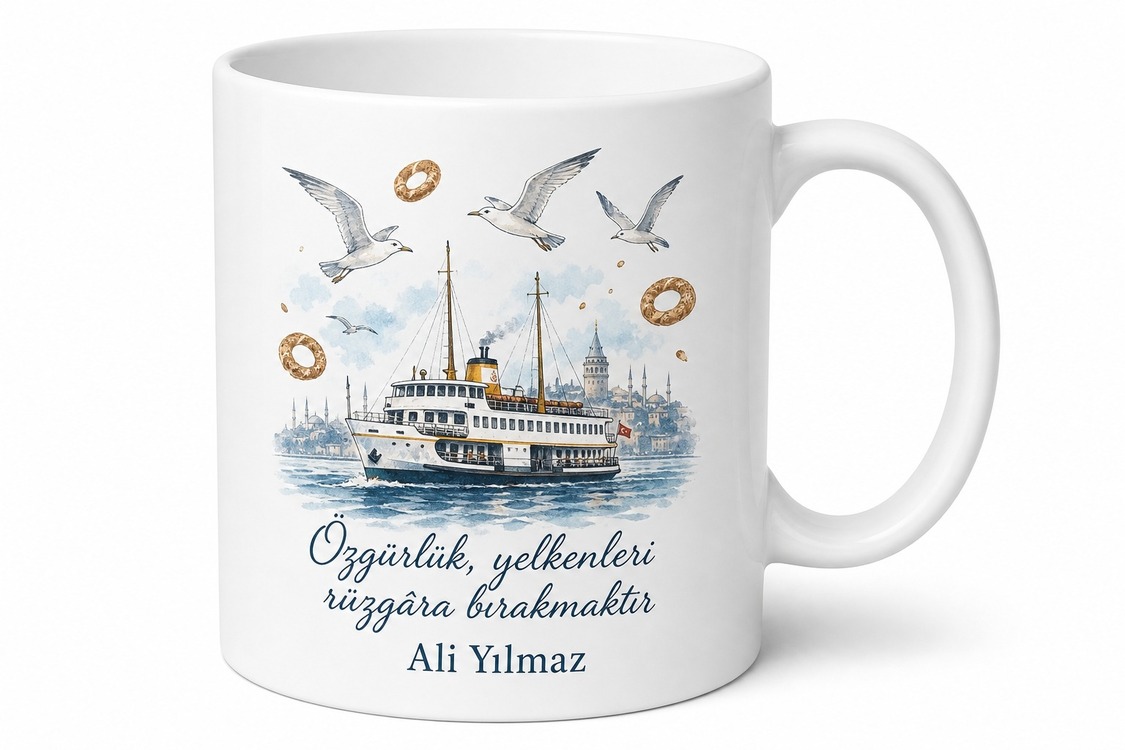 Martı Kanatları Simit Çizimli Vapurların Peşinden Giden Özgür Kupa Bardak Hediye