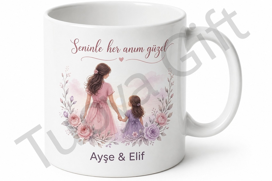 Anne Kız Kombini Baskılı Kupa Bardak Seti Özel Tasarım Hediye