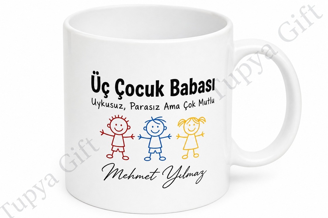 Üç Çocuk Babası Yazılı Esprili Kupa Bardak Babalar Günü Hediyesi
