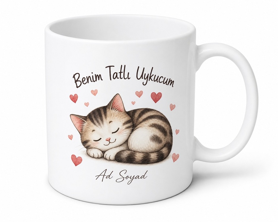 Benim Tatlı Uykucum Uyuyan Kedi Kalp Çizimli Sevgiliye Hediye Porselen Kupa Bardak