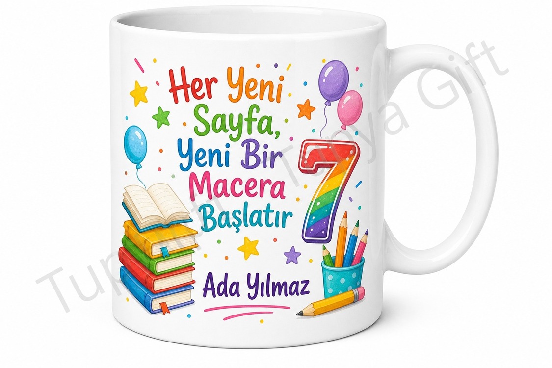 Renkli Baskılı 7 Yaş Doğum Günü Hediyesi Okula Başlama Kupası Bardak