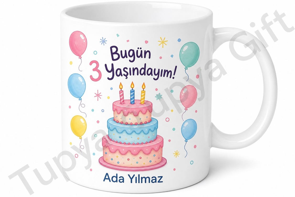 Neşeli Tasarımlı 3 Yaş Doğum Günü Hediyesi Çocuk Kupa Bardak Çay Kupası