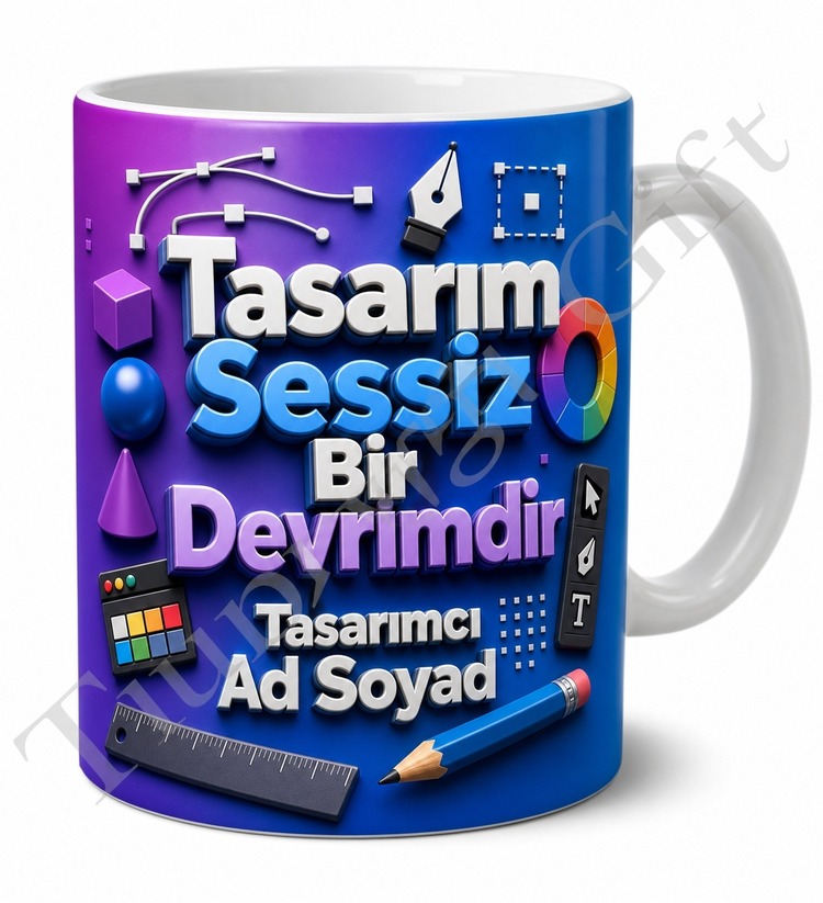 Tasarımcıya Hediye İsimli Baskılı Kupa Bardak Özel Tasarım Grafiker Hediyesi