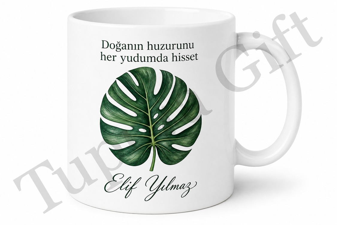 Monstera Yaprağı Baskılı Porselen Kupa Bardak Tropik Tasarım Hediye
