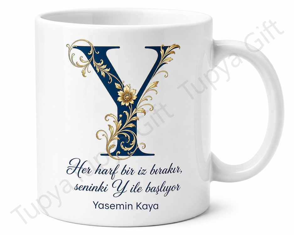 Y Harfi Baskılı Kişiye Özel Kupa Bardak Harf Desenli Hediye