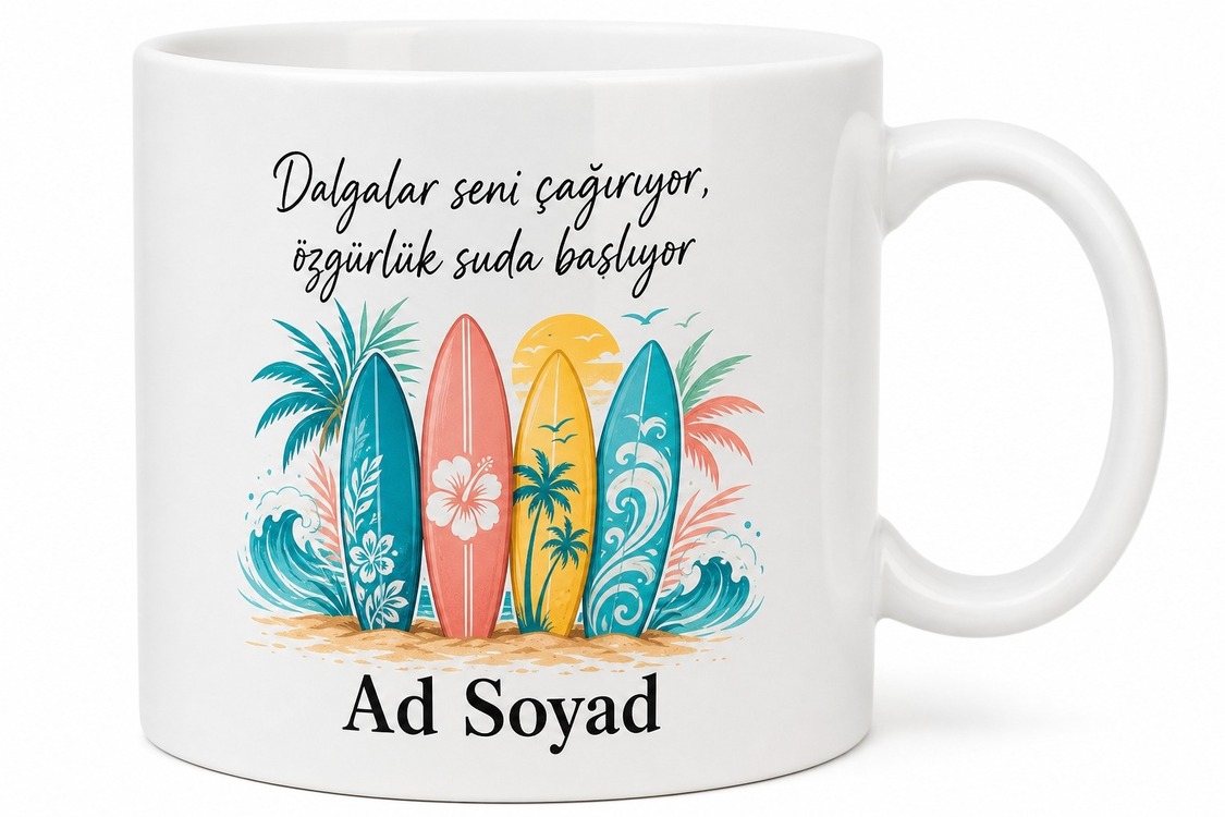 İsimli Sörf Tahtası Desenli Baskılı Kupa Bardak Sörfçüye Hediye