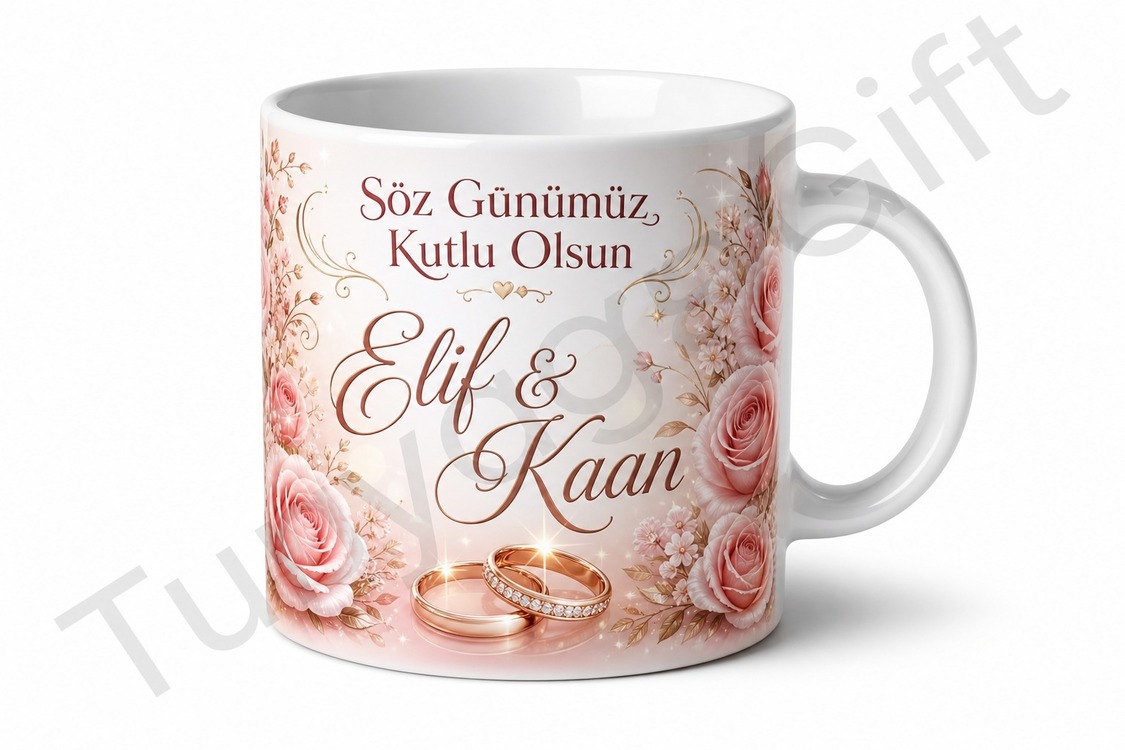Söz Hediyesi Çiftlere Özel İsimli Baskılı Kupa Bardak Nişan Hediyesi