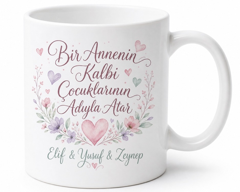 Çocuk İsimleri Yazılı Anneye Hediye Özel Tasarım Baskılı Porselen Kupa Bardak