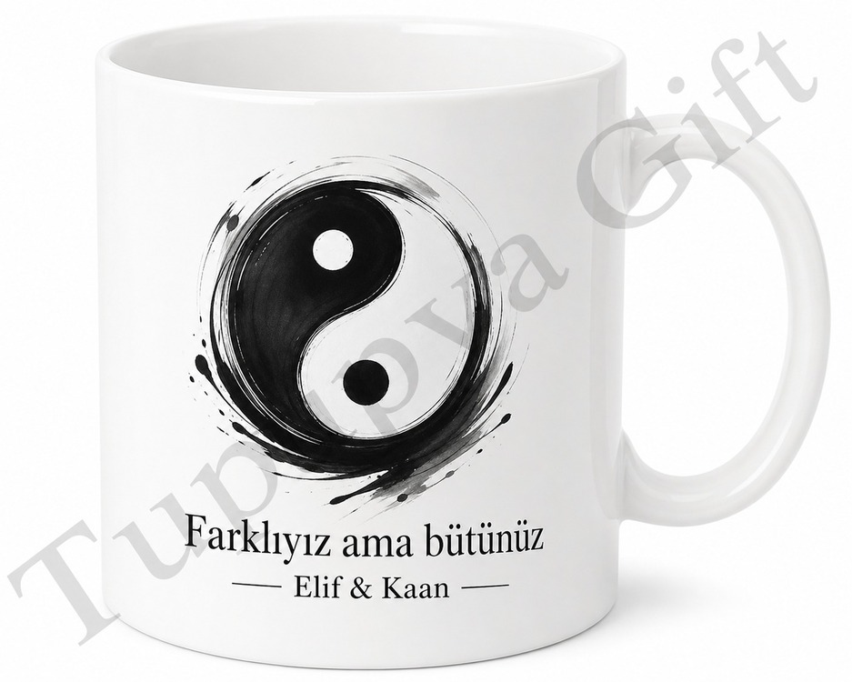 Yin Yang Temalı Kupa Seti Baskılı Porselen Bardak Hediye
