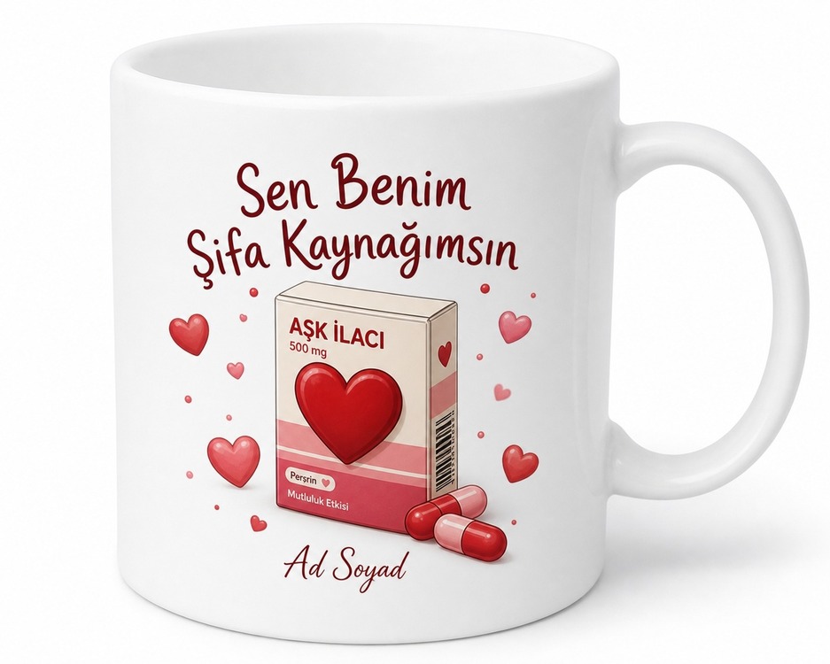 Sen Benim Şifa Kaynağımsın İlaç Kutusu Kalp Temalı Esprili Aşk Kupası Hediye