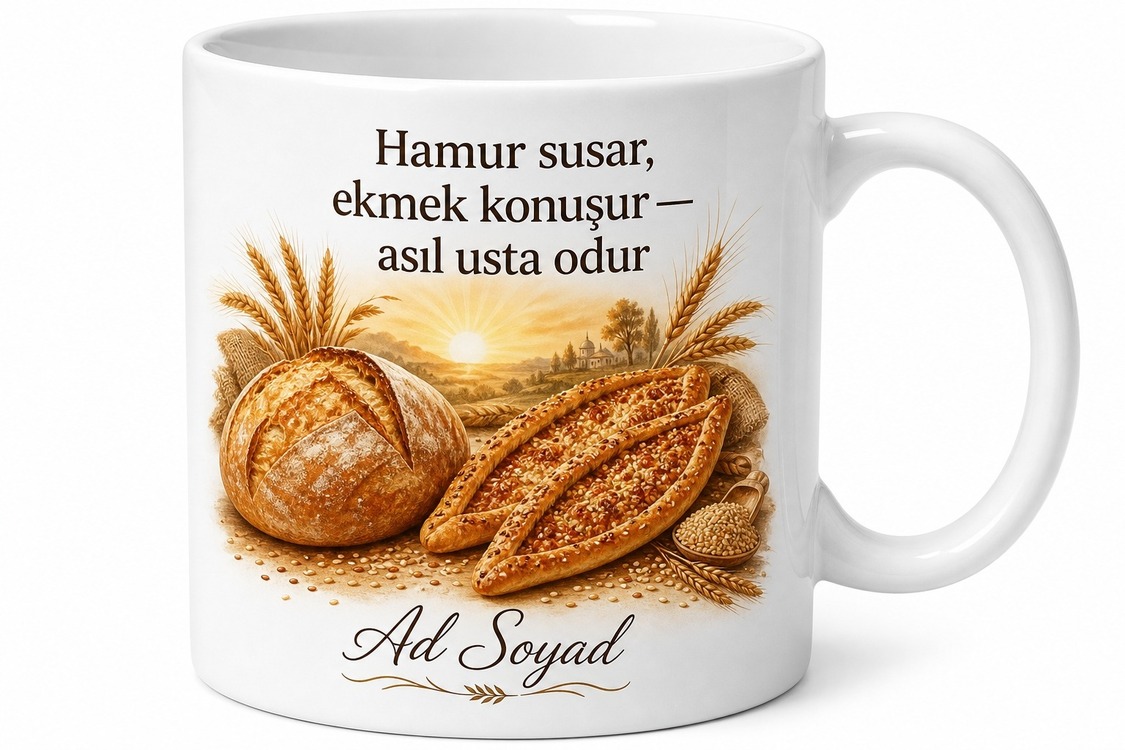 Fırıncıya Hediye Ekmeğin Çıtırı Susamlı Pide Hamur Mayası Temalı Baskılı Kupa Bardak