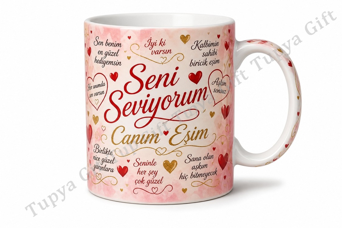 Eşe Hediye Kişiye Özel Romantik Yazılı Kupa Bardak Sevgiliye Hediye