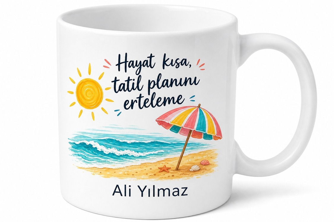 Yaz Güneşi Plaj Şemsiyesi Çizimli Tatil Planı Yapanlar Kupa Bardak Hediye