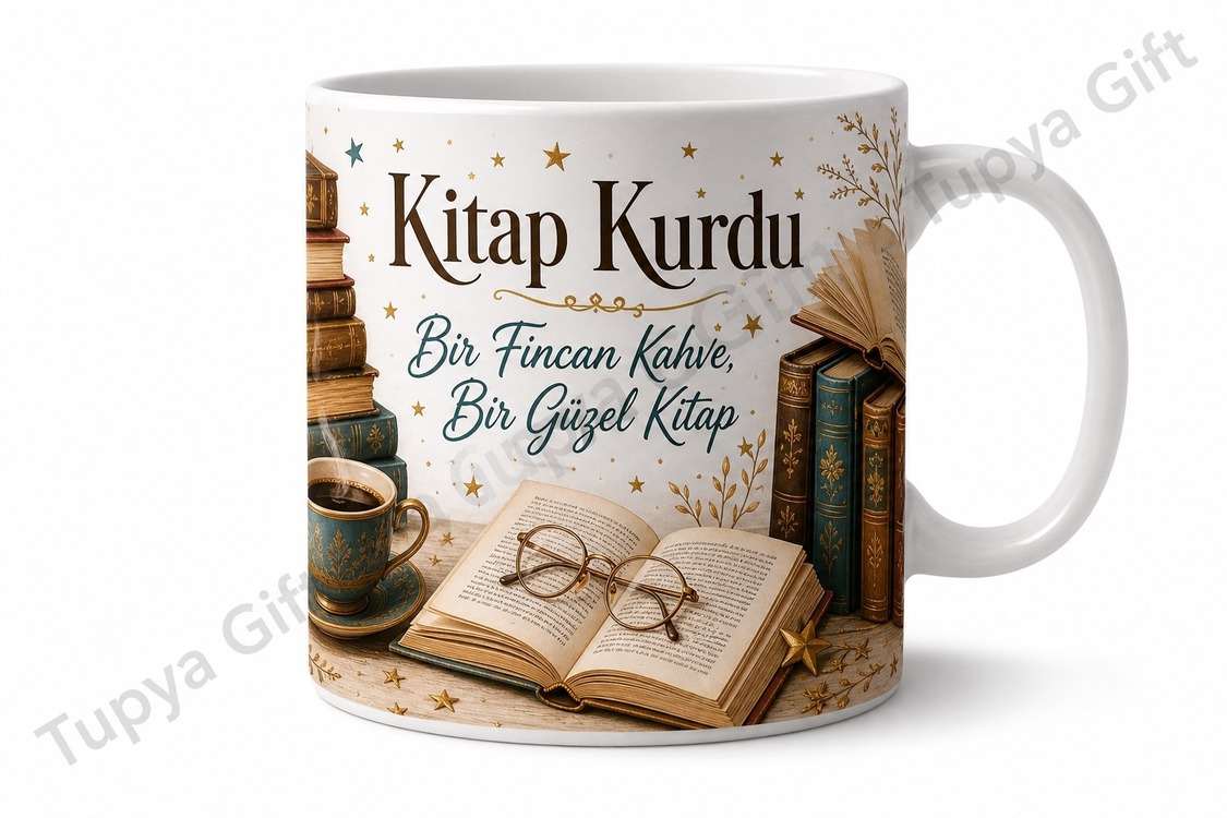 Kitap Kurdu Okuma Temalı Kişiye Özel Baskılı Kupa Bardak Hediye