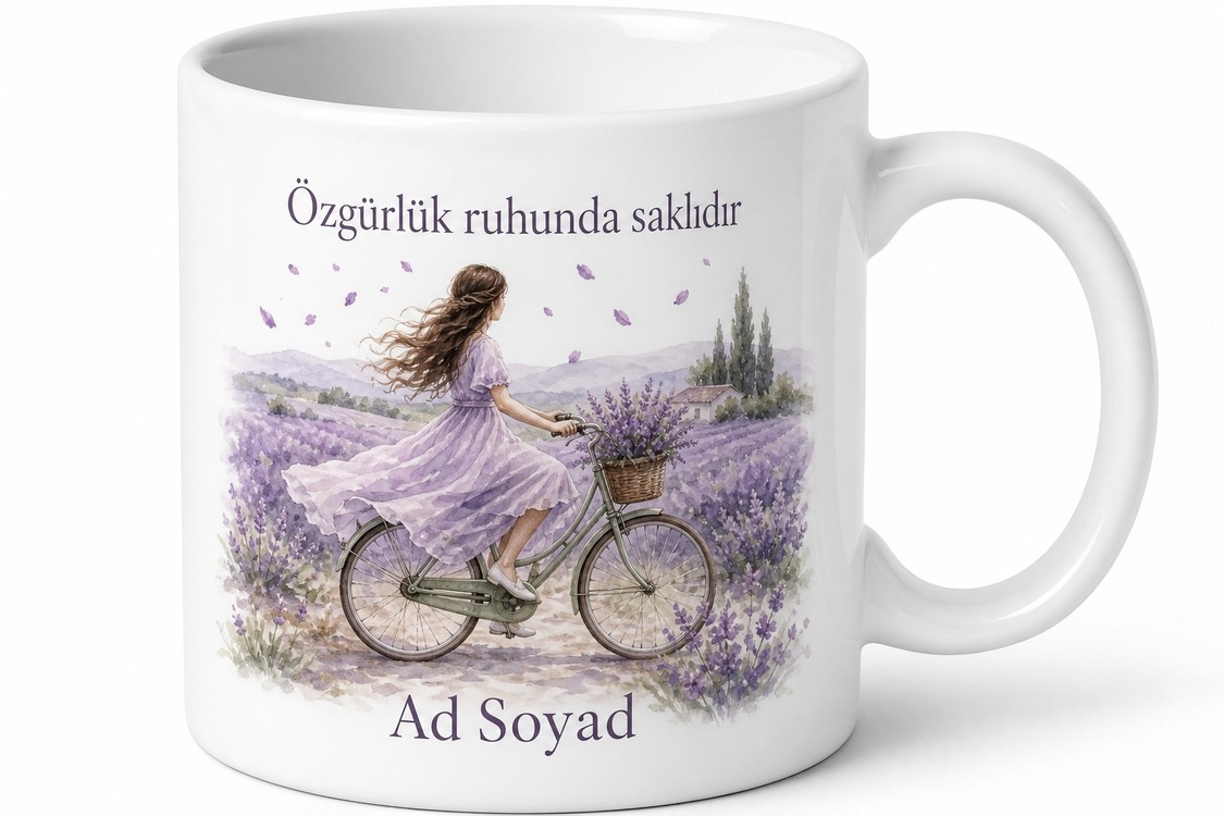 Lavantalar İçinde Bisiklet Süren Kız Romantik Tasarım Kupa Bardak Hediye