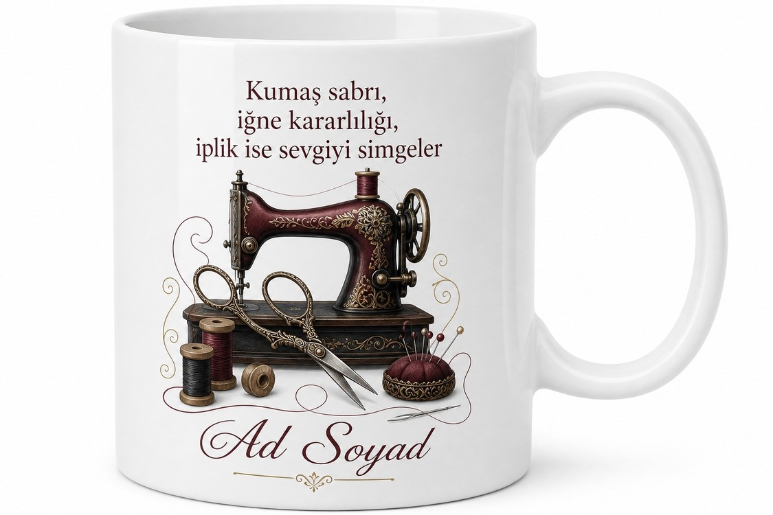 Dikiş Makinesi ve Makas Temalı Kupa Bardak Terzi Hediye Özel Tasarım